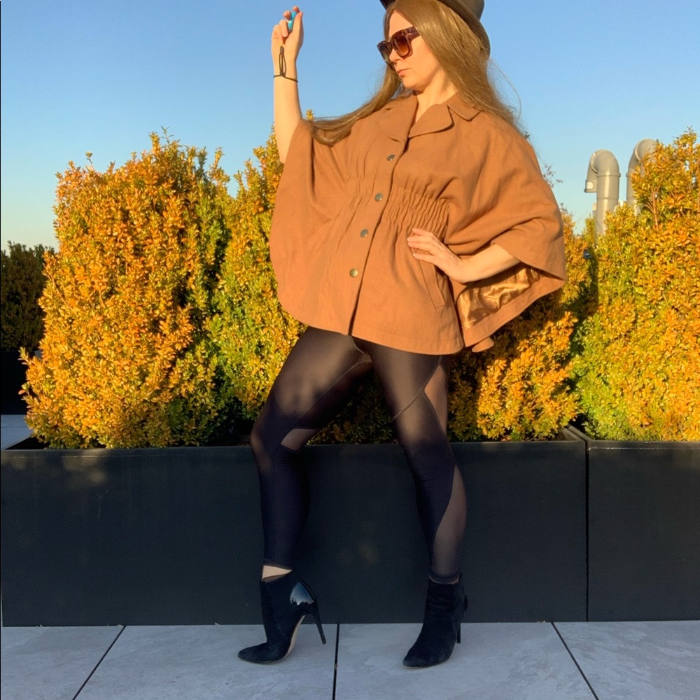 Aqua Camel Wool Bat Wing Ruffled Pea Coat Poncho - Picture 13 of 16